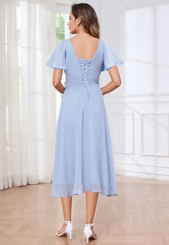 Women's V Neck Short Sleeve Mother of The Bride Dress Tea Length Lace Pleated Ruffle Evening Formal Gown2