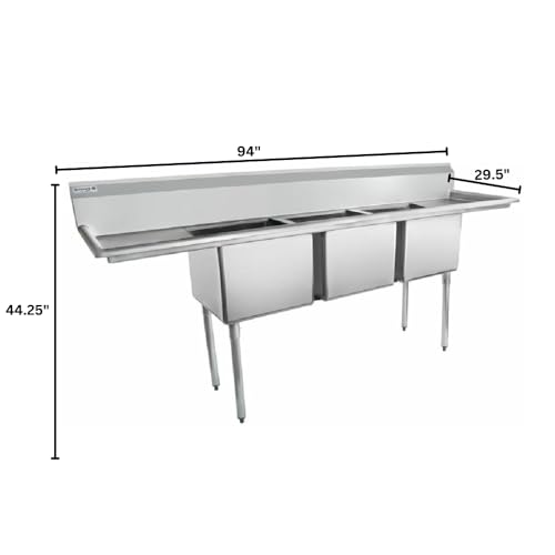 Image of EMPURA 94 inch Wide Stainless Steel Three Compartment Commercial Sink | Prep Utility 18 x 18 Bowl for Catering Laundry Garage | (2) 18 inch Drainboard, 9.75 inch Backsplash, 94 inchW x 23.5 inchD x 44.25 inchH, 18 Gauge, NSF