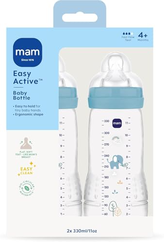 MAM Easy Active Baby Bottle with Fast Flow MAM Teats Size 3, Twin Pack, Baby Feeding, 330 ml, Blue (Designs May Vary) - Image 3