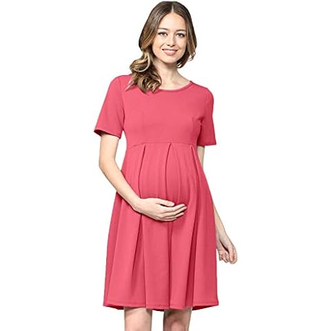 HELLO MIZ Women's Maternity Midi Dress with Front & Back Pleat (Small, Hot Pink Solid) Cover