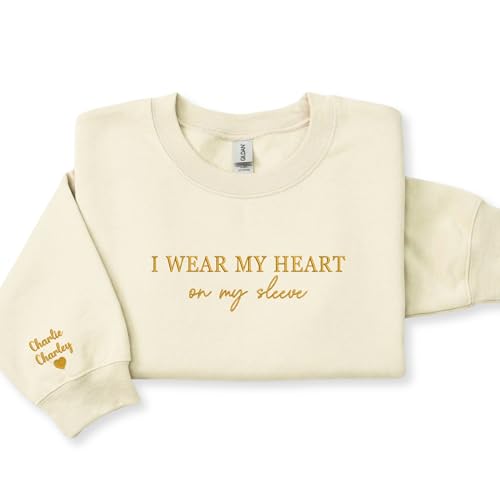 Custom I Wear My Heart On My Sleeve Embroidered Sweatshirt with Kids Names Mom Mothers Day Birthday Gift (Sand)
