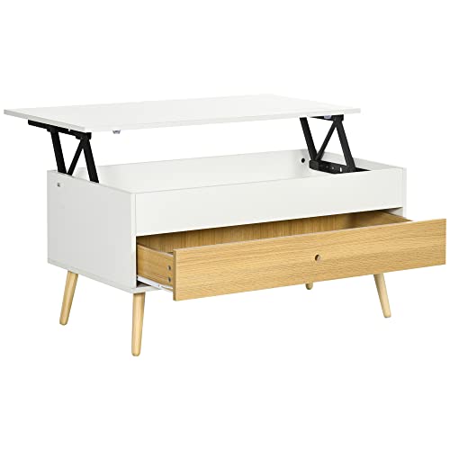 HOMCOM Mesa auxiliar, mueble de salón, rectangular, elevada, mesa de salón con placa extraíble, 1 cajón y cajonera de madera, dimensiones: 100 x 50 x 49 cm, color blanco