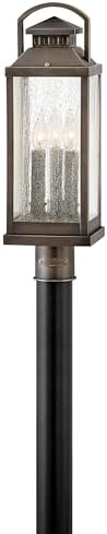 Hinkley Revere Large Post Top or Pier Mount Outdoor Lantern, Brass, Clear Seedy Glass Panels, Faux Candle Sleeves, Blackened Brass Finish