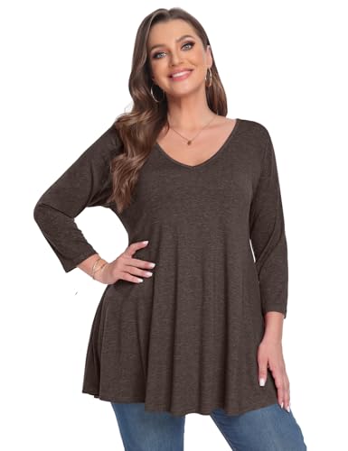 MONNURO Plus Size Tunic Tops for Women 3/4 Sleeve Fall Shirt Basic Casual V Neck Solid Color Blouses Loose Fit for Leggings2