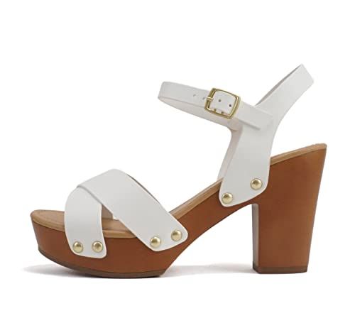 Image of Soda MIGUEL ~ Women Crisscross Band Fashion Chunky Platform Block Mid Heel Sandal with Ankle Strap and Stud