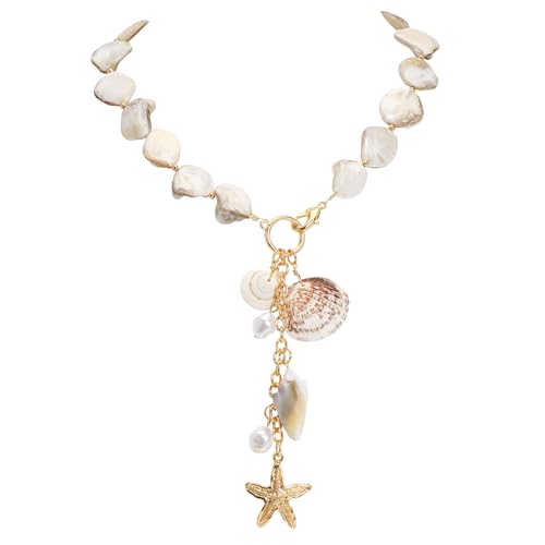 Bocar Statement Shell Bib Choker Necklace for Women Chunky Natural Freshwater Shell Conch Starfish Pearl Pendent Costume Collar Beach Necklace
