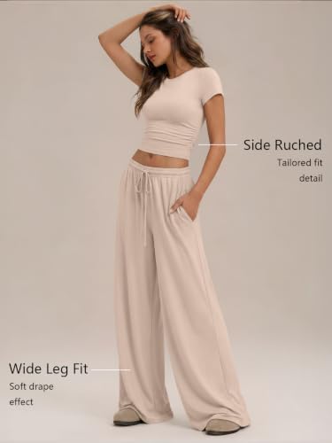Image of Trendy Queen 2 Piece Matching Summer Lounge Set Womens Side Ruching Top Wide Leg Pants Sets with Pockets