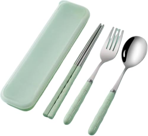 箸 スプーン フォーク 食器セット 収納ケース付 4点セット 携帯便利 弁当用品 食事用 カトラリー ステンレス製 オシャレ 通勤通学 衛生 ランチ 木の柄 弁当小物 キャンプ アウトドア (グリーン)