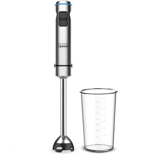 Grunkel - Batidora de Mano 1500W Acero Inoxidable y 4 Cuchillas Titanio, Vaso incluido y Opción de Accesorios con Varilla, Picadora y Soporte. Encaje Metálico y Base de Silicona (1500 W y Vaso)