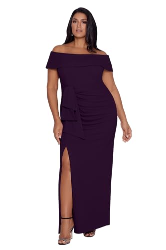 Image of Xscape Women's Off Shoulder Straight Neck Evening Gown with Foldover Cuff, Side Ruffle, Leg Slit, Fitted Formal Dress