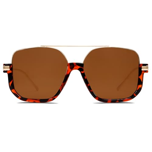 Image of GUVIVI Retro Oversized Aviator Sunglasses for Women Men Square Double Bridge Pilot Sun Glasses 70s Trendy Shades