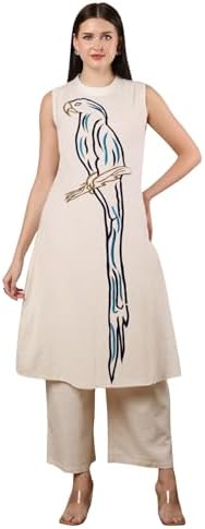 KF KRITVA FASHION Women's Long Pure Khadi Cotton Lace Work Street Cut,off white color, Full Sleeve, Casual Office Wear Stylish Readymade Kurti with Palazzo Pant Set