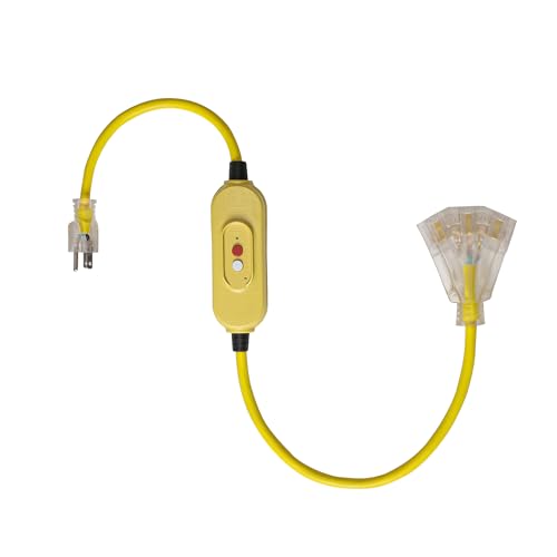 Kaper 3 FT GFCI Extension Cord, 12/3 AWG Heavy Duty Outdoor SJTW, Auto Reset in-Line GFCI, ETL Listed, 3-Outlet Triple Tap with Lighted Outlets for Outdoor Lights & Tools, Lighted Plug