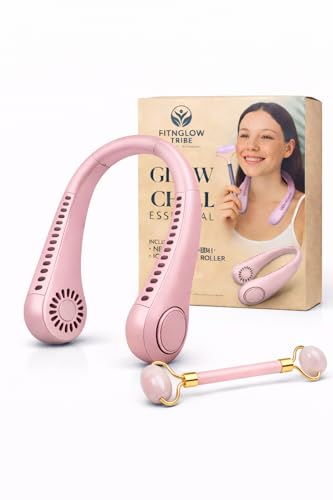 Neck Fan & Ice Face Roller Set. Portable Neck Cooling Fan for Hot Weather Cooling & Face Roller for De-Puffing Relaxation & Daily Self-care. Thoughtful Gift Set for Him Her Soft Pink Design