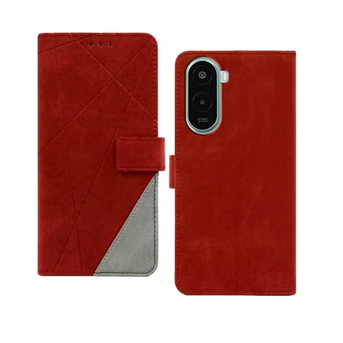 Image of amazon basics Poco M7 Plus Flip Cover | Card Pockets Wallet & Stand | Flip Cover for Poco M7 Plus (Red with Grey)