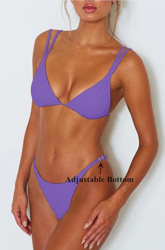 ForBeautyShe Women's Sexy Thong Bottom Two Piece Bikini Double Shoulder Straps Cute Swimsuit Triangle Bathing Suit