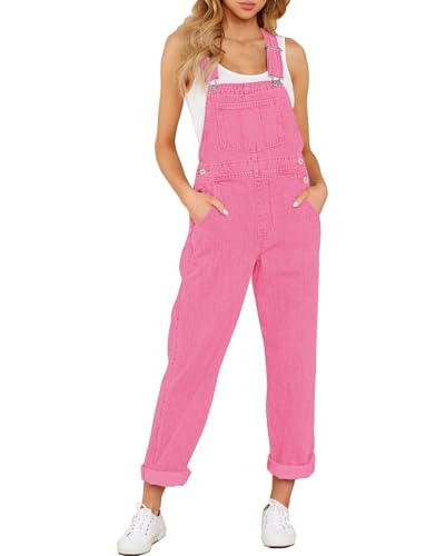 Vetinee Women's Adjustable Straps Pockets Boyfriend Denim Bib Overalls Jeans Pants Candy Pink Small Fits Size 4 Size 6