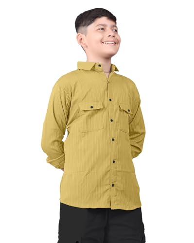 Image of ZilconKid Boy's Cotton Hawaiian Plain Double Pocket Shirt with Spread Collar Neck Full Sleeves Button Closure Curved Length | Shirt for Kids Boys