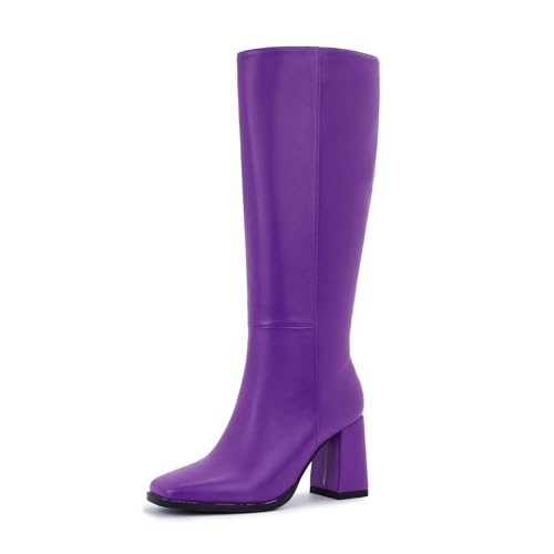 Image of Knee High Boots for Women - Wide Calf Boots with Zipper, Square Toe Tall Leather Boots, Chunky Heel Fashion Long Boots
