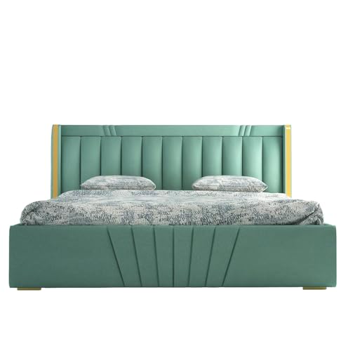 Image of Premium King Size Upholstered Bed with Storage | Solid Wood Platform Bed with Premium Cushion Headboard for Modern Bedrooms | Durable Frame, Easy Maintenance & Stylish Design | Green