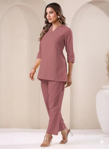 Image of Co Ord Set for Women Stylish Pure Cotton Airy Linen Lounge Wear Kurta Coord Set for Women | Regular Fit Solid Summer Kurti Set Casual, Travel, Office Formal Wear