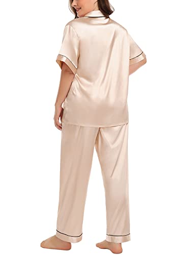 Image of SWOMOG Women's Plus Size Pajamas Silk Satin Pajama Set Short Sleeve Shirt with Full-Length Pants Pjs Sleepwear Set 18W-26W