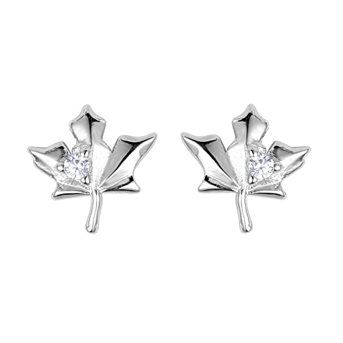 Dainty CZ Maple Leaf Earrings Sterling Silver Small Stud Cartilage Earring for Women Girls Hypoallergenic Tiny Cute CZ Crystal Piercing Studs Canadian Plant Fall Autumn Themed Jewelry