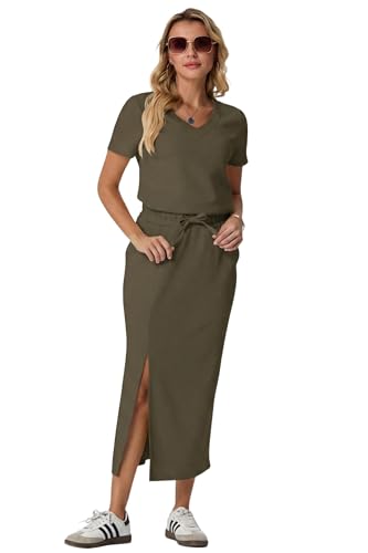 Image of GRECERELLE Women Summer Casual 2 Piece Sets V-Neck Wrinkle-Free Top & Elastic Waist Midi Side Slit Skirt with Pockets