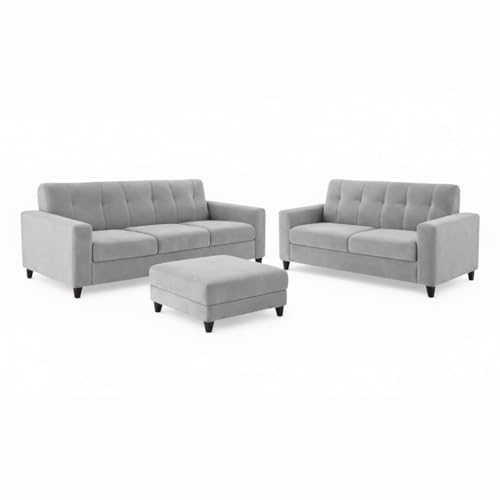 Image of Homeboy Luxe Velvet-Suede Fabric 3 + 2 Seater with Ottoman Sofa Set | Comfortable & Spacious Seating for Upto 6 Person | Modern Sofa Set for Living Room - Light Grey