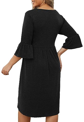 Image of Women's Plus Size 3 /4 Sleeve Casual Dress V Neck Spring Summer Tshirt Empire Waist Ruffle Midi Dresses