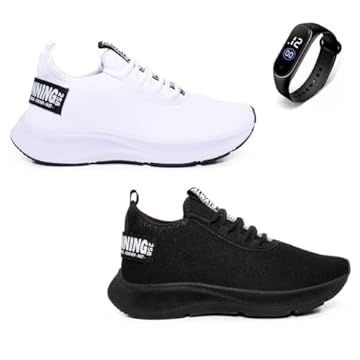 Combo 2 Pares Tênis Masculino para Academia Caminhada Esportivo + Relógio (Branco + Preto, BR, Adulto, Numérico, 40)