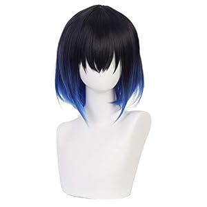 Qiancoshair Anime Cosplay Wig Demon Slayer Kimetsu No Yaiba Short Blue Black Wig Women Costume Wig (Hashibira Inosuke)
