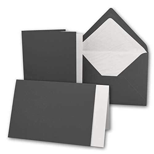 NEUSER PAPIER Juego de 50 tarjetas DIN B6-12 x 17 cm, 120 x 170 mm, tarjetas plegables con sobres e insertos, superficie de estructura acanalada, gris granito, gris oscuro, tarjetas de invitación