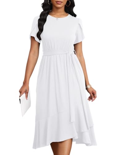 Image of PerZeal Women's Summer Dress Casual Ruffle Sleeve Crewneck A-Line Tiered Flowy Short Sleeve Long Dress with Belt