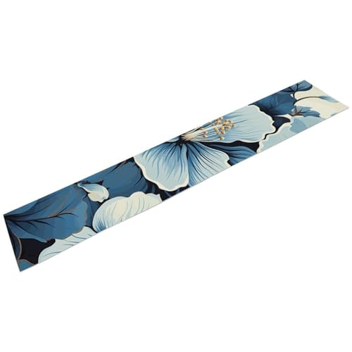 Chemin de table en lin imprimé fleur d'hibiscus bleu 183 cm maison - 2