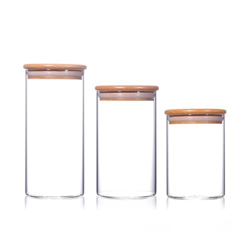 Juego de 3 tarros de almacenamiento de vidrio con tapa de bambú y anillo de silicona, recipientes herméticos de cocina
