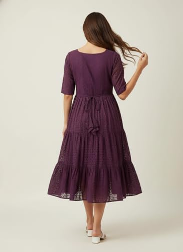 Image of Her Couture Cotton Midi Schiffli Embroidered Dress with Attached Belt