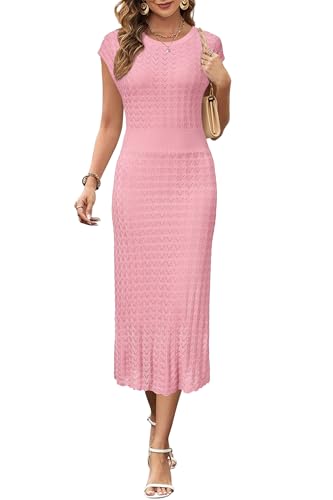 Image of Newshows Women's Hollow Slim Summer Fall Church Work Casual Sweater Dress | Machine Washable Knit Sweater Fabric, Hollow Design, Bell Sleeve, Business Casual, Church Teacher Outfits, Modest Dress
