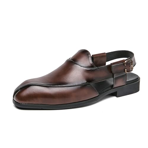 Sandalias de punta cerrada para hombre con correa de hebilla ajustable, antideslizante, puntiaguda, tacón de bloque, sandalias para negocios, oficina, zapatos de vestir, Brown, 41 1/3 EU