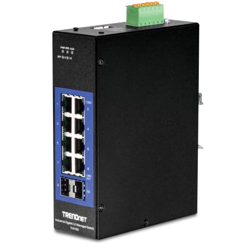 Image of TRENDnet 10-Port Industrial Gigabit L2 Managed DIN-Rail Switch, TI-G102i, 8 X Gigabit, 2 X SFP Slots, DIN-Rail Mount, IP30, Ethernet Splitter, NDAA & TAA Compliant, Lifetime Protection, Black