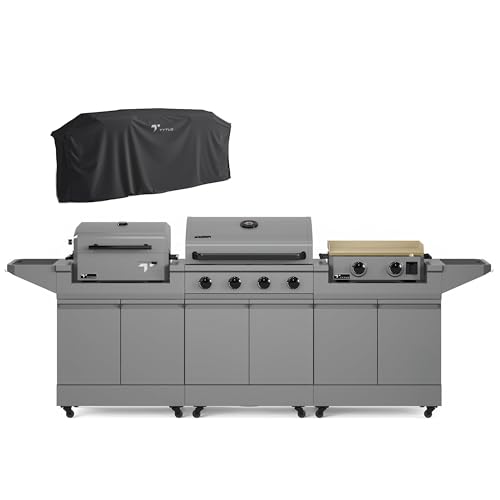 TYTUS Anaheim 4-Burner Gas Grill with Two Prep Carts, Charcoal Grill, and Gas Griddle with Cover - Outdoor Cooking Bundle, Quick Assembly, Outdoor Cooking, Kitchen Island for BBQ