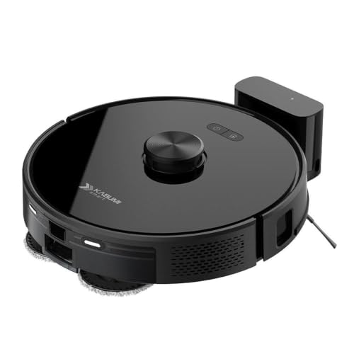 Robô aspirador KABUM! smart K1000 na cor preta com base de carregamento, visto em ângulo superior mostrando o sensor a laser e os botões de controle