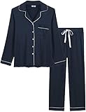 Amorbella Womens Maternity Button Up/Down Long Sleeve Pajama/Pj Set(Navy Blue, Large)