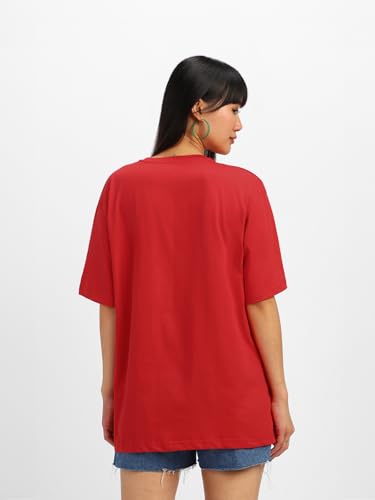 Image of JUNEBERRY Pure Cotton Oversized Drop Shoulder Brand Logo Typography Print Round-Neck Baggy Fit T-Shirt for Women (Available in Navy, Green & Pink Colors)