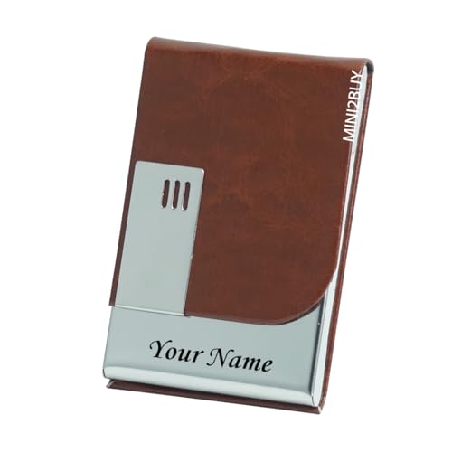 Image of Mini2buy Customized Unisex Vertical Card Holder Name Engraved for Credit|Debit|ATM|Business Visiting RFID Blocking Stainless Steel (1 x 10 x 6 cm) Personal Corporate Gift (Brown)