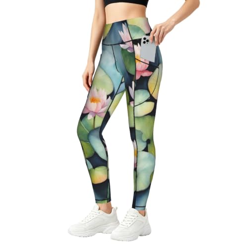 Pantalones de yoga deportivos para mujer elásticos con bolsillos estampado lirio