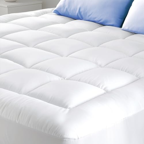 Cloud-Like Queen Mattress Topper - 100% Cotton Top Mattress Pad for Back Pain Relief - Breathable & Naturally Cooling for Hot Sleepers, White