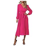 Fall Dresses for Women, Clothes Women 2022 Casual Dress Women's Clothes Winter Women's Long Sleeve Slim Fit Pleated Belt V-Neck Elegant Dress Vestido De Novia Co Manga Larga Blue (XL, Hot Pink)