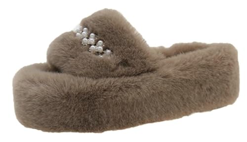 Autumn Winter Fluffy Pearl Slippers for Outdoor Lovely Bedroom Open Toe Slippers Elegant House Shoes for Women