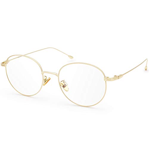livho Blue Light Blocking Glasses, Retro Round Fake Eyeglasses Frames Anti UV Ray Filter Computer Gaming Glasses Women Men (Gold Frame,Transparent lens)